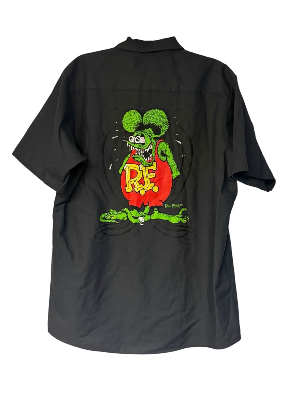 Vintage Rat Fink Mechanic Shirt Mens L Gray Button Up Shop Racing Hot Rod 90s
